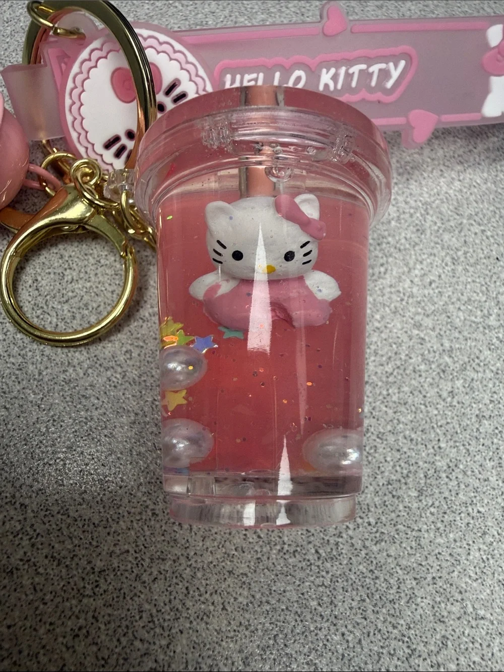 Hello Kitty Pink and Gold Charm Keychain with Cup and Tag